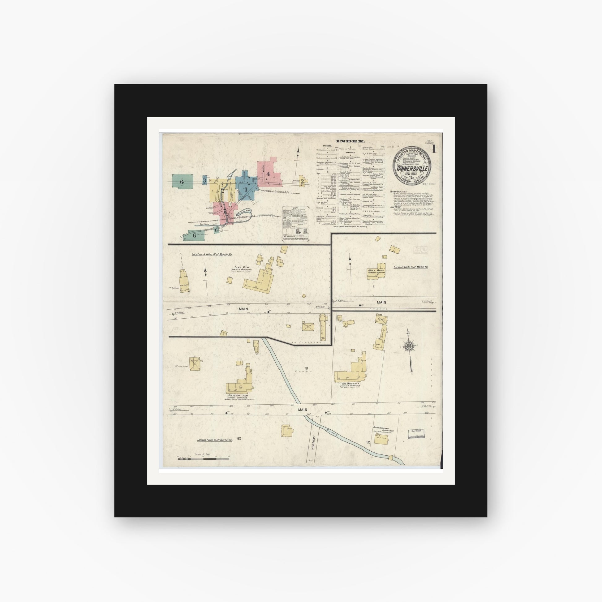 Old map wall art mockup — black gallery frame with white mat — Sanborn Fire Insurance Map from Tannersville, Greene County, New York (1912) - Complete Map Set