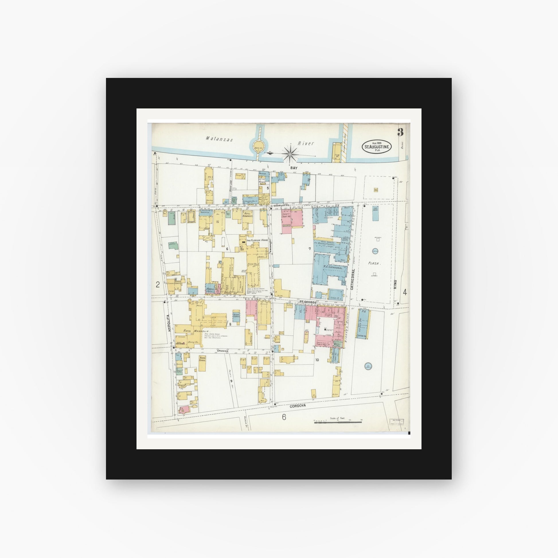 Old map wall art mockup — black gallery frame with white mat — Sanborn Fire Insurance Map from Saint Augustine, Saint John's County, Florida (1899), Sheet #0003