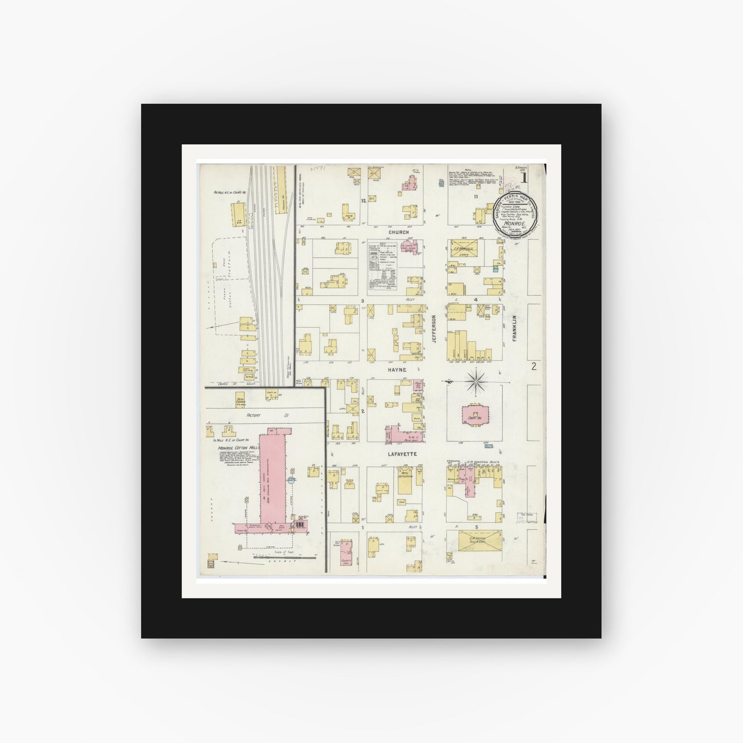 Old map wall art mockup — black gallery frame with white mat — Sanborn Fire Insurance Map from Monroe, Union County, North Carolina (1897) - Complete Map Set