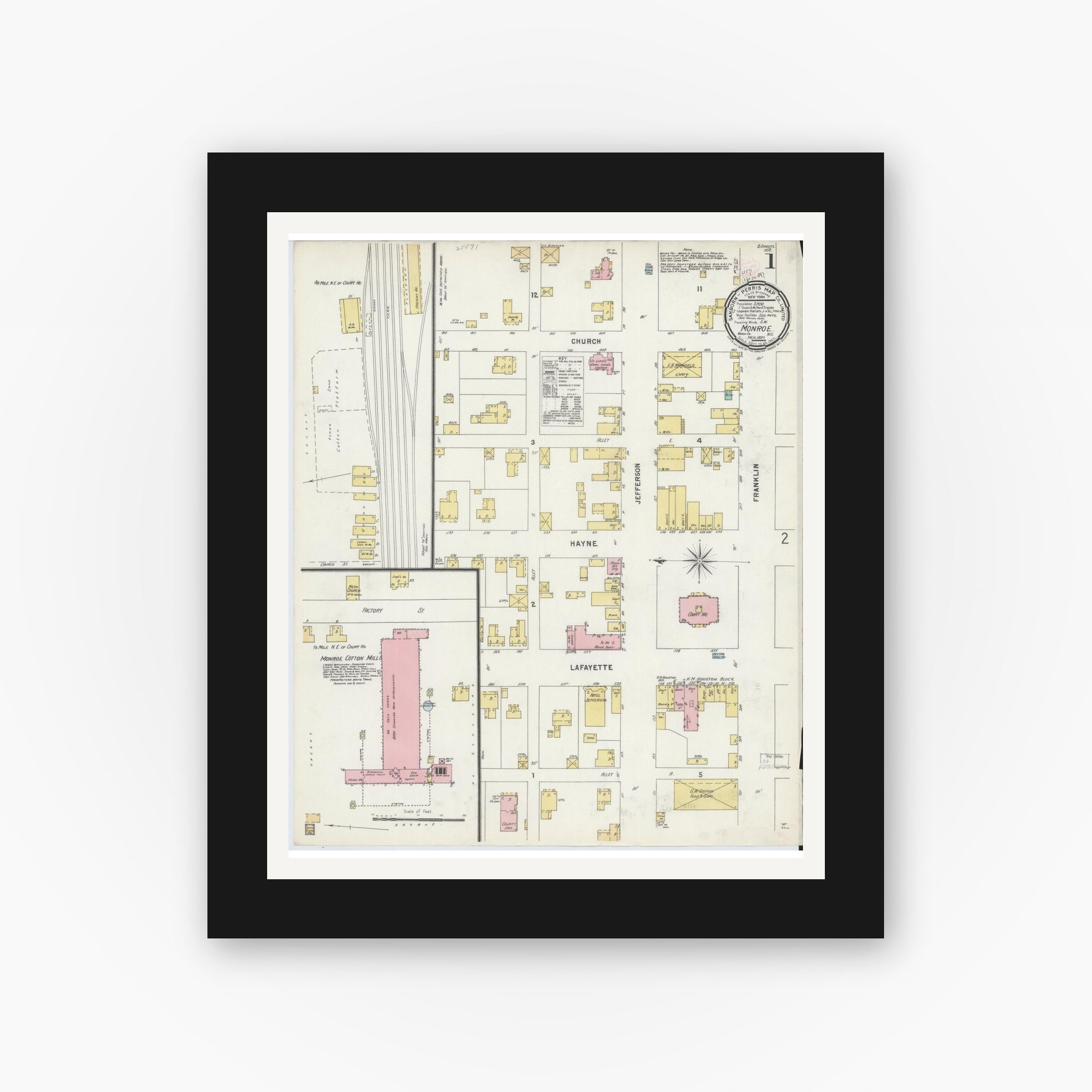 Old map wall art mockup — black gallery frame with white mat — Sanborn Fire Insurance Map from Monroe, Union County, North Carolina (1897) - Complete Map Set