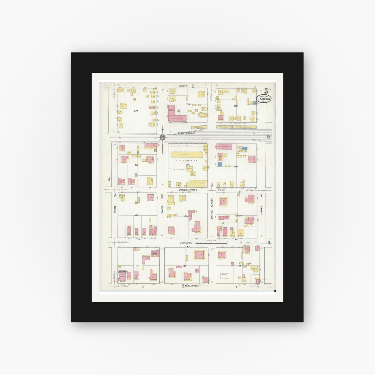 Old map wall art mockup — black gallery frame with white mat — Sanborn Fire Insurance Map from Laredo, Webb County, Texas (1916), Sheet #0005