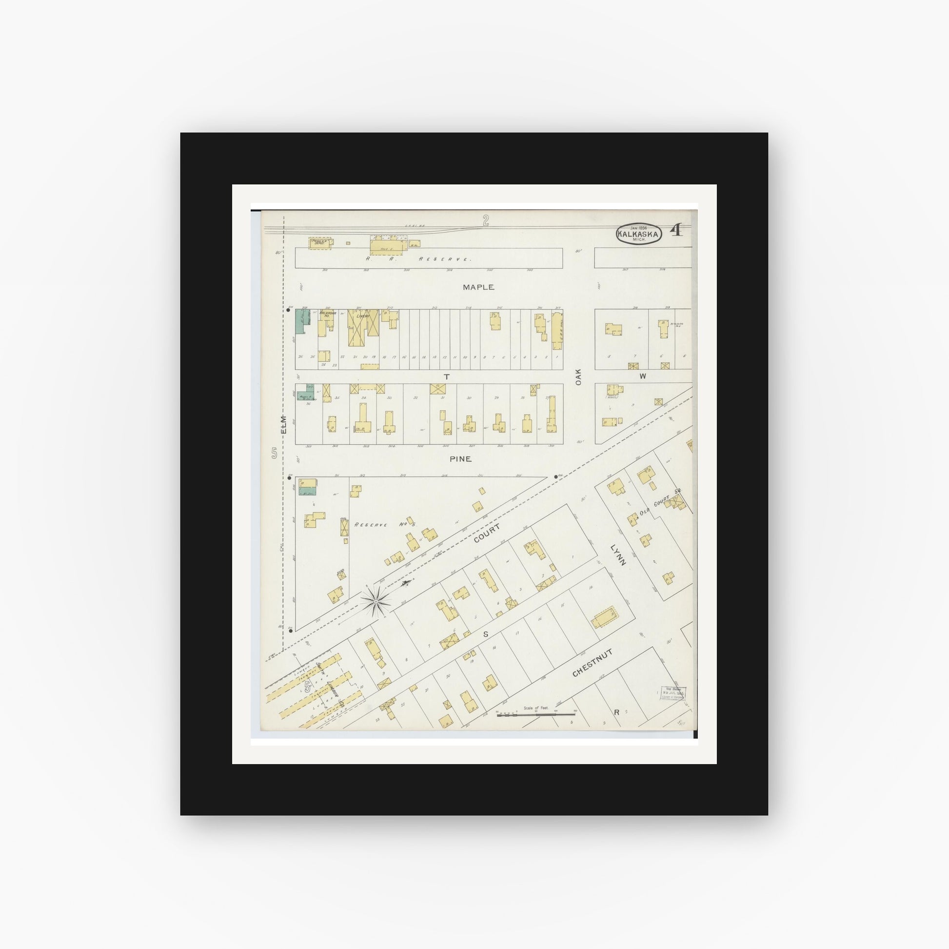 Old map wall art mockup — black gallery frame with white mat — Sanborn Fire Insurance Map from Kalkaska, Kalkaska County, Michigan (1894), Sheet #0004