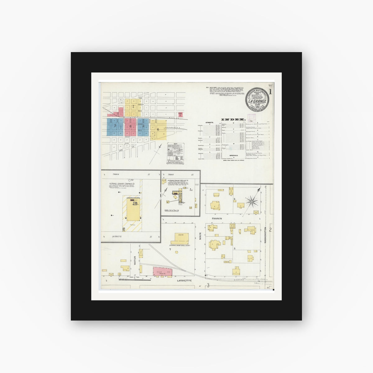 Old map wall art mockup — black gallery frame with white mat — Sanborn Fire Insurance Map from La Grange, Fayette County, Texas (1906) - Complete Map Set