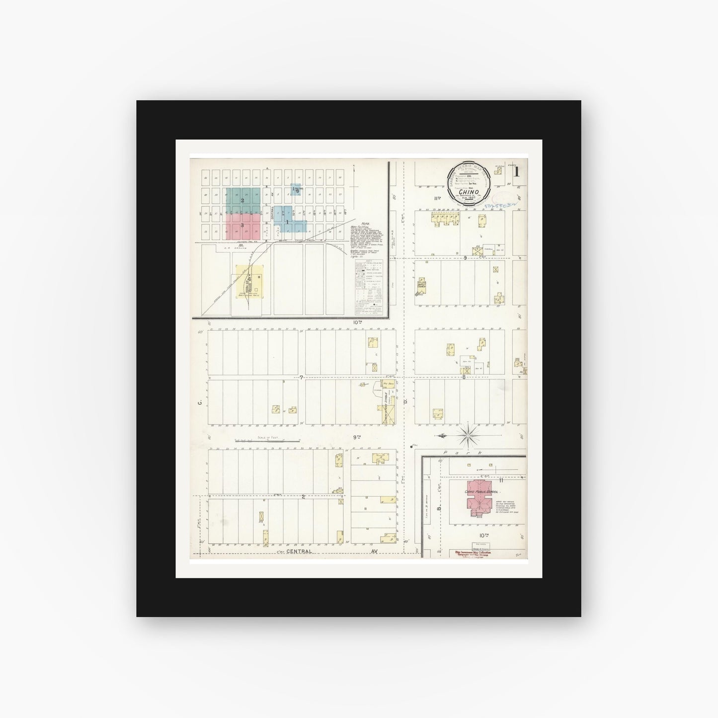 Old map wall art mockup — black gallery frame with white mat — Sanborn Fire Insurance Map from Chino, San Bernardino County, California (1897) - Complete Map Set