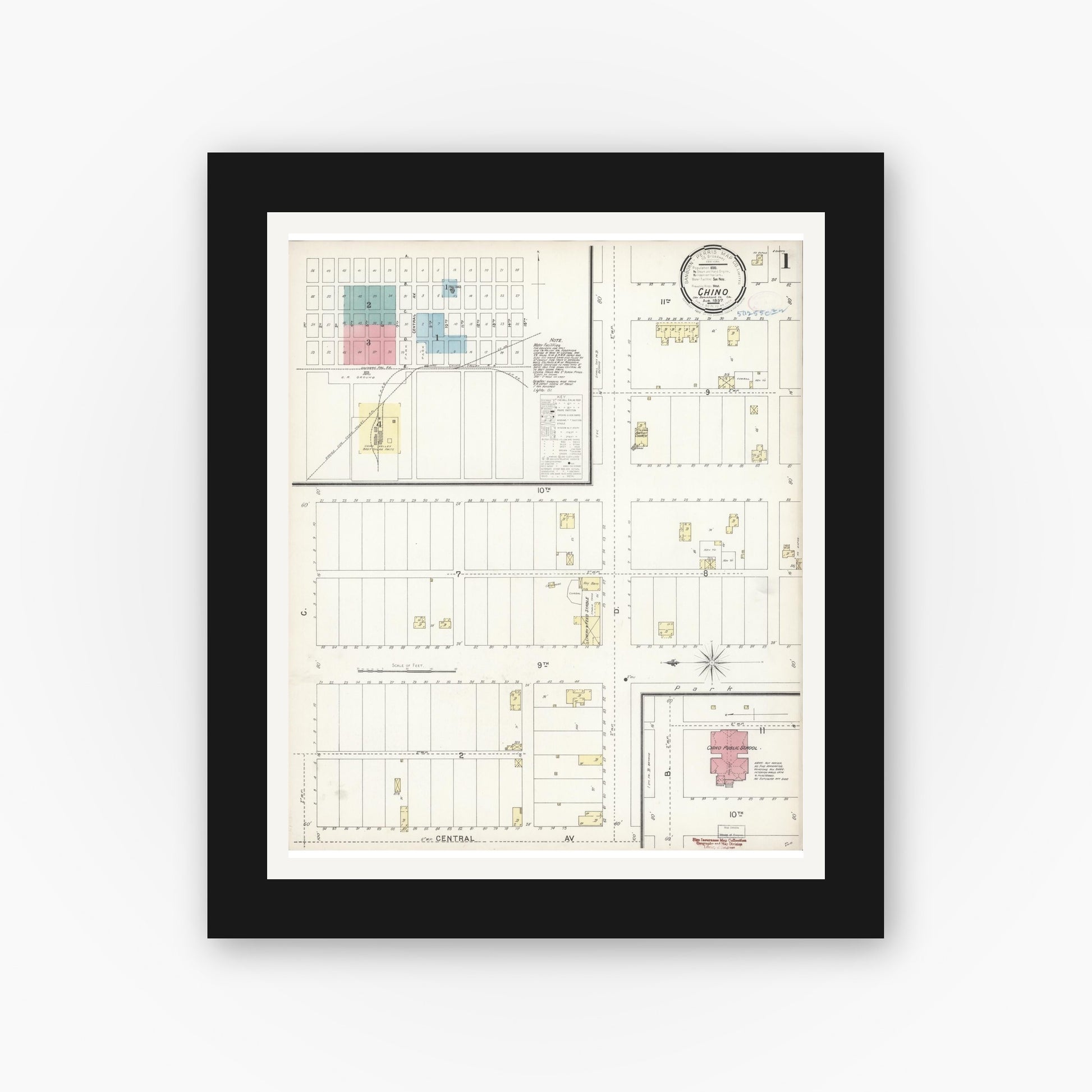 Old map wall art mockup — black gallery frame with white mat — Sanborn Fire Insurance Map from Chino, San Bernardino County, California (1897) - Complete Map Set