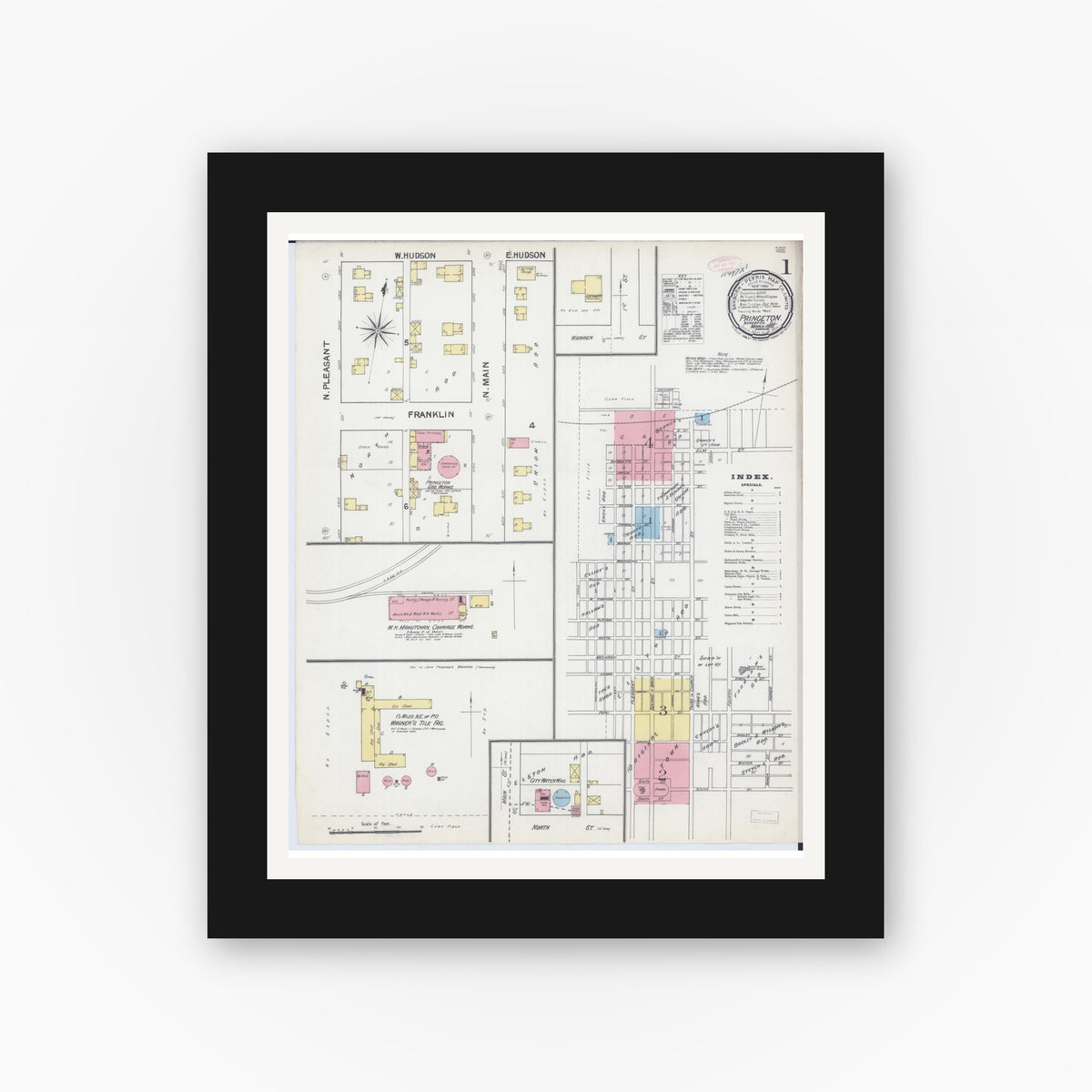 Old map wall art mockup — black gallery frame with white mat — Sanborn Fire Insurance Map from Princeton, Bureau County, Illinois (1892) - Complete Map Set