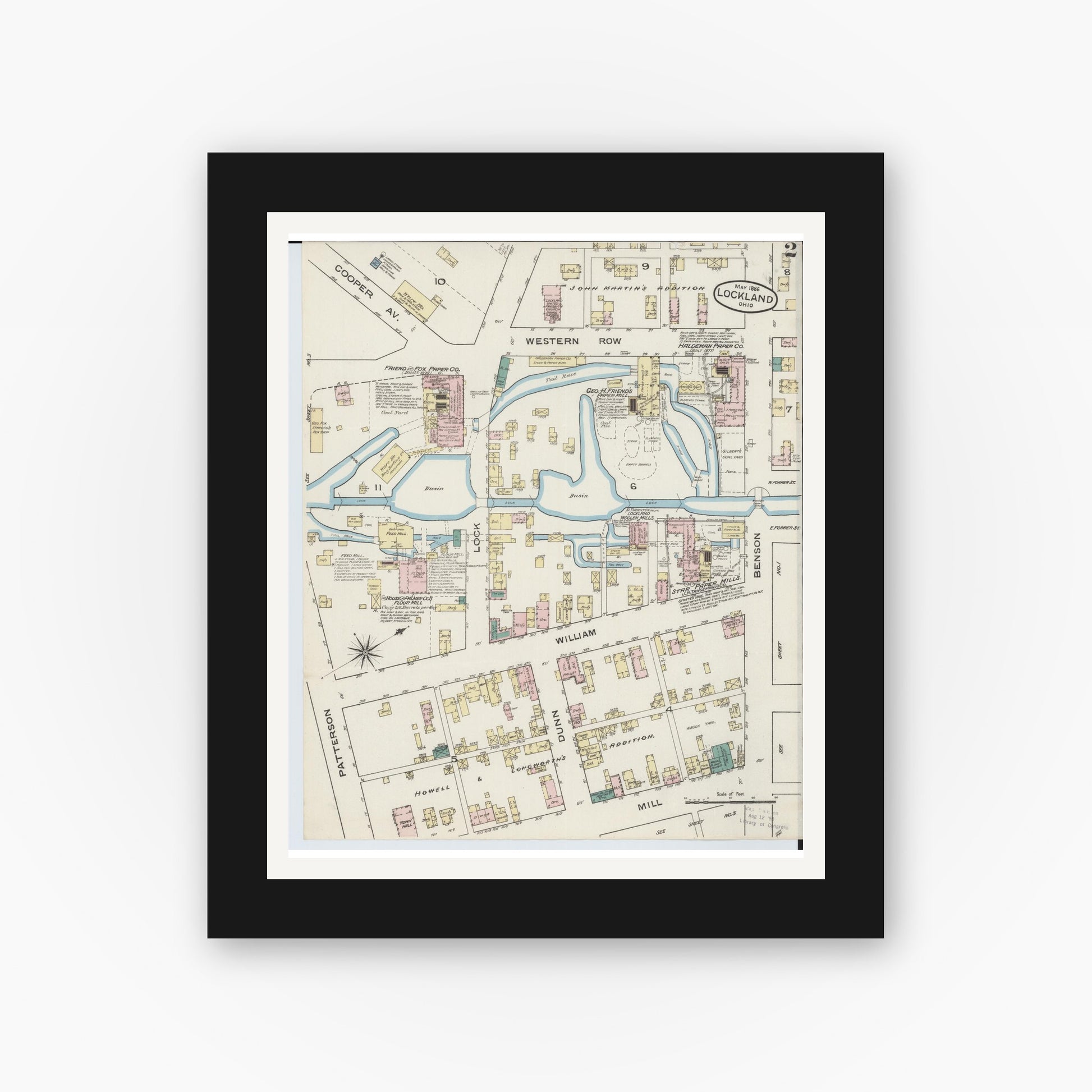 Old map wall art mockup — black gallery frame with white mat — Sanborn Fire Insurance Map from Lockland, Hamilton County, Ohio (1886), Sheet #0002