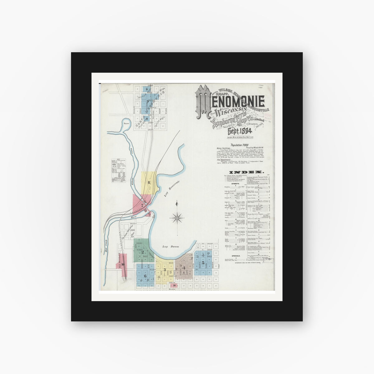 Old map wall art mockup — black gallery frame with white mat — Sanborn Fire Insurance Map from Menomonie, Dunn County, Wisconsin (1894) - Complete Map Set