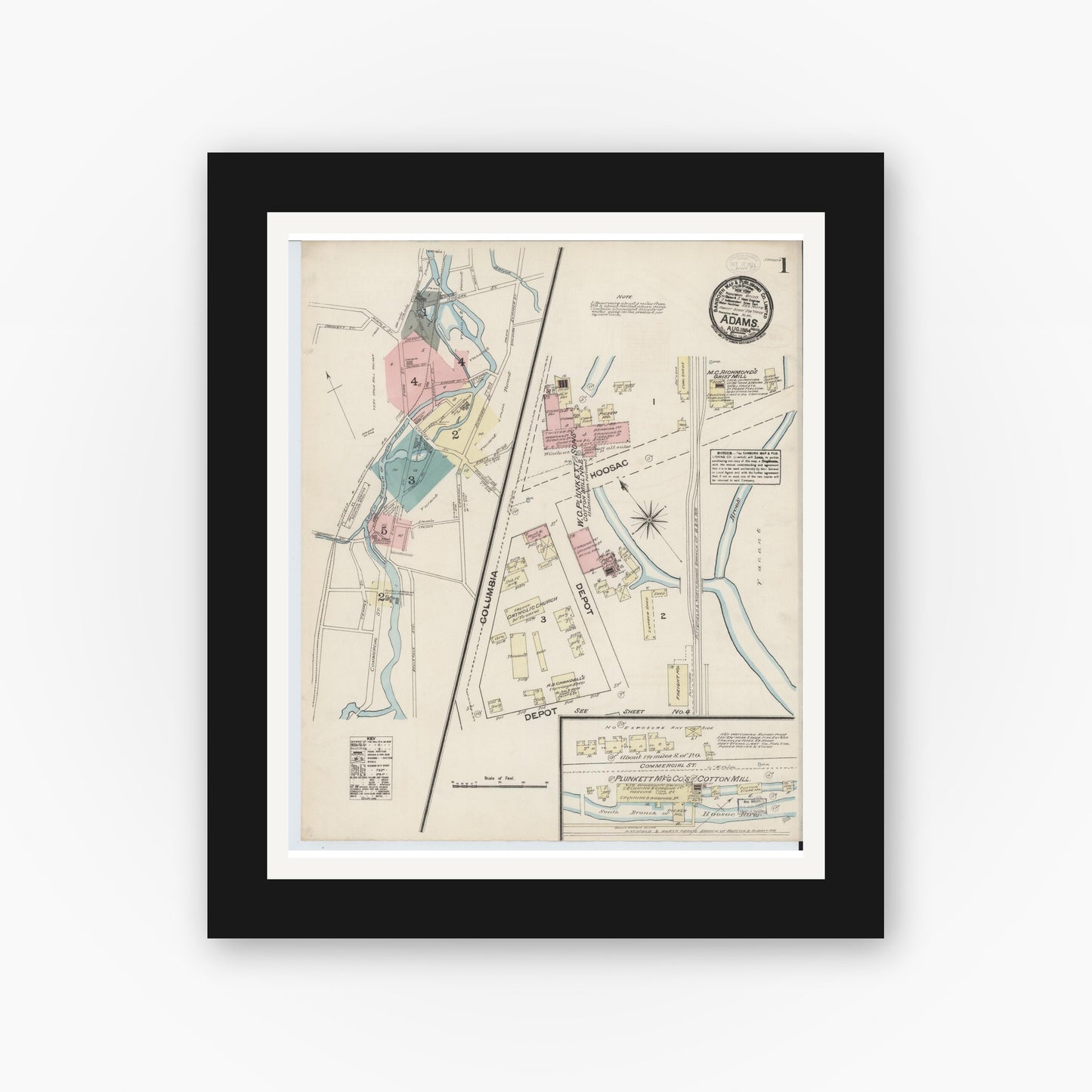 Old map wall art mockup — black gallery frame with white mat — Sanborn Fire Insurance Map from Adams, Berkshire County, Massachusetts (1884), Sheet #0001