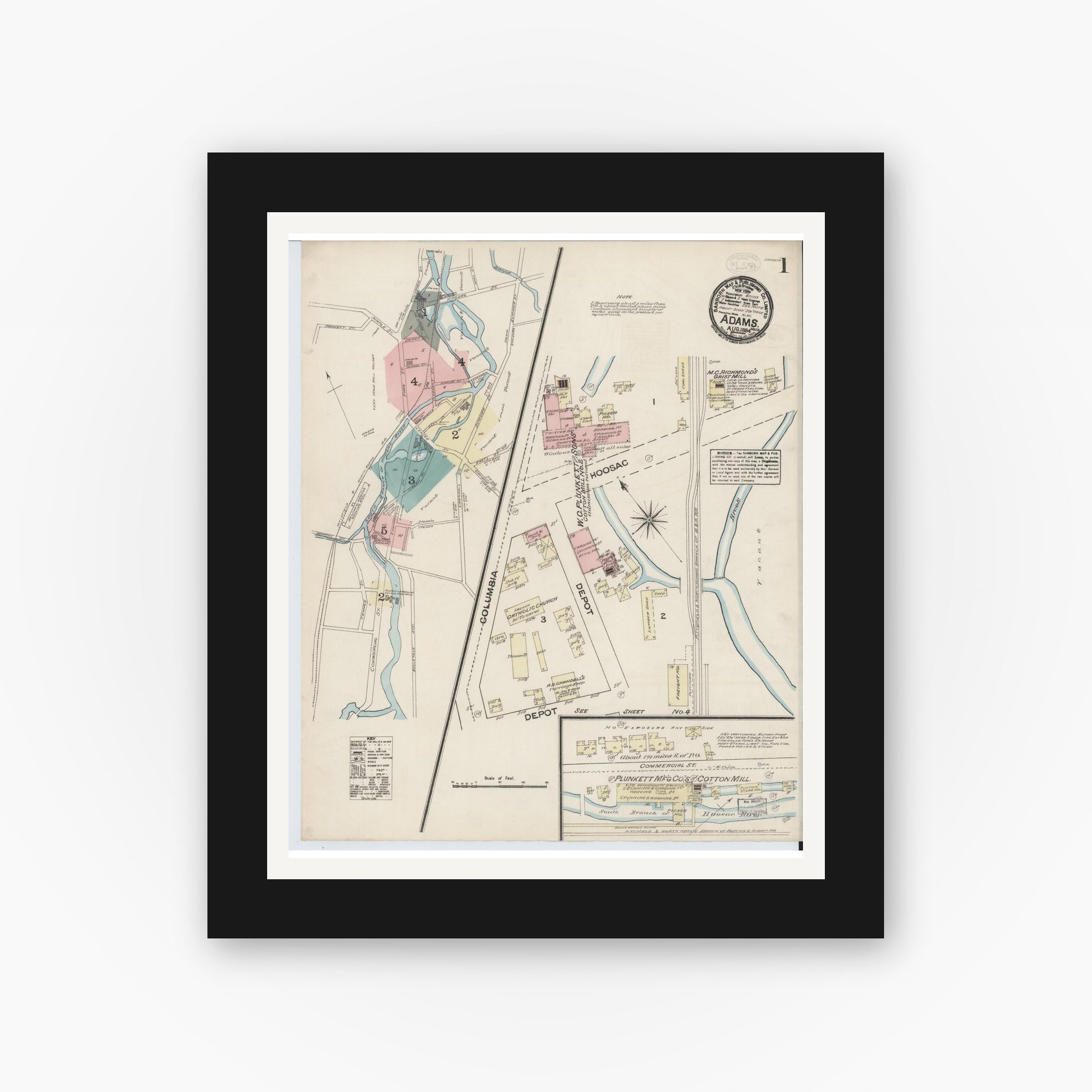 Old map wall art mockup — black gallery frame with white mat — Sanborn Fire Insurance Map from Adams, Berkshire County, Massachusetts (1884), Sheet #0001