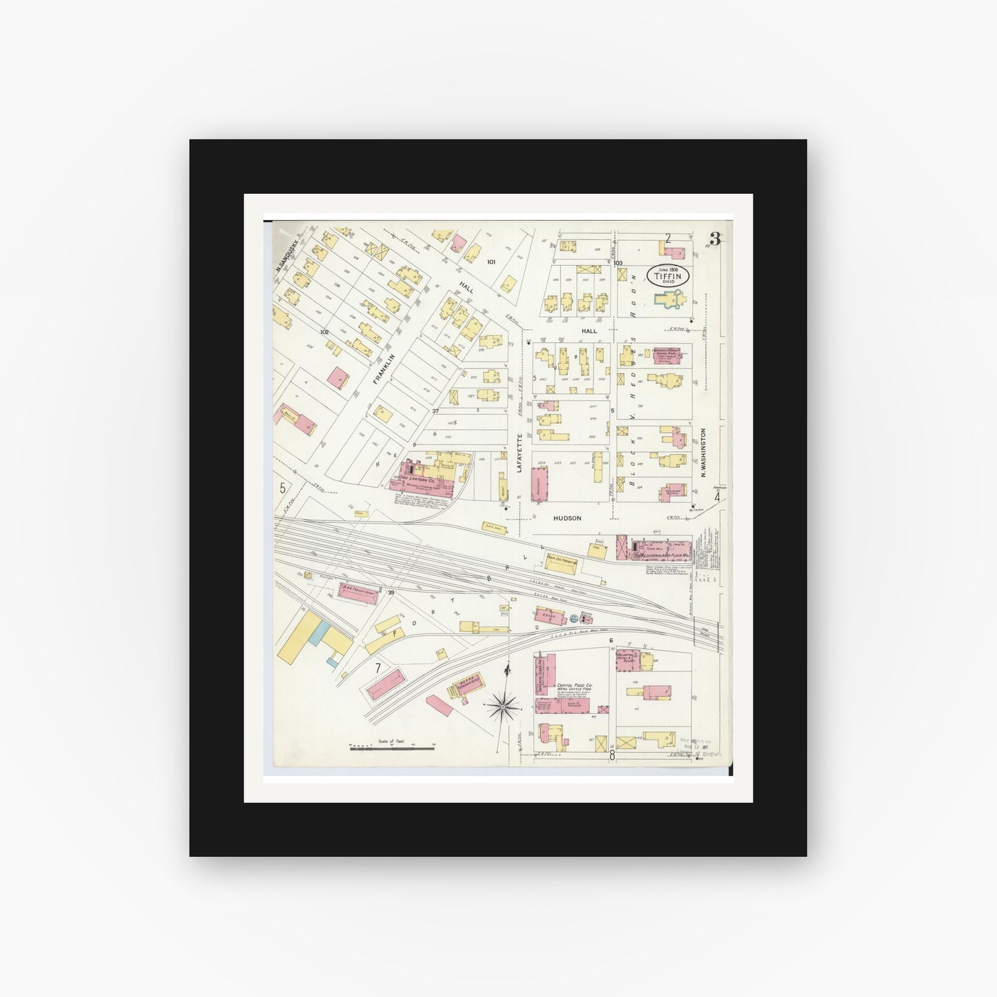 Old map wall art mockup — black gallery frame with white mat — Sanborn Fire Insurance Map from Tiffin, Seneca County, Ohio (1908), Sheet #0003