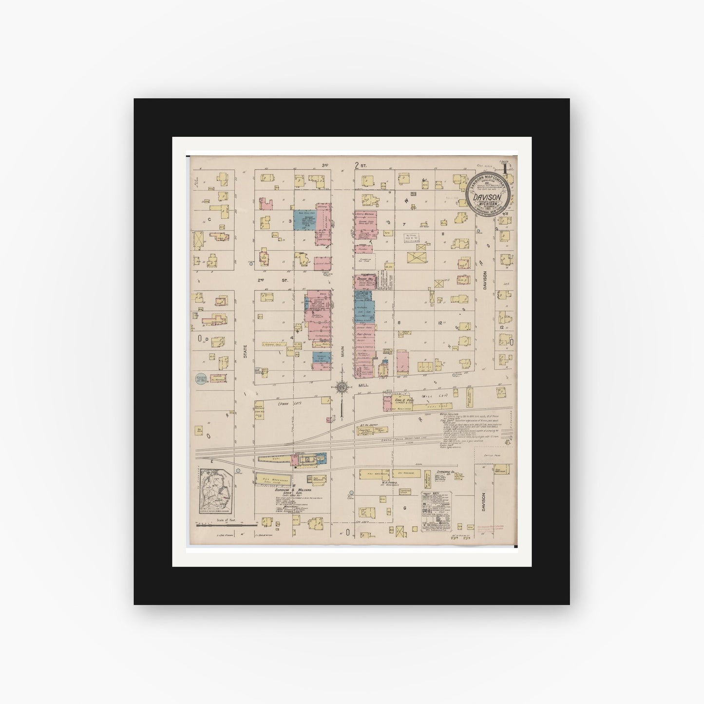 Old map wall art mockup — black gallery frame with white mat — Sanborn Fire Insurance Map from Davison, Genesee County, Michigan (1921) - Complete Map Set