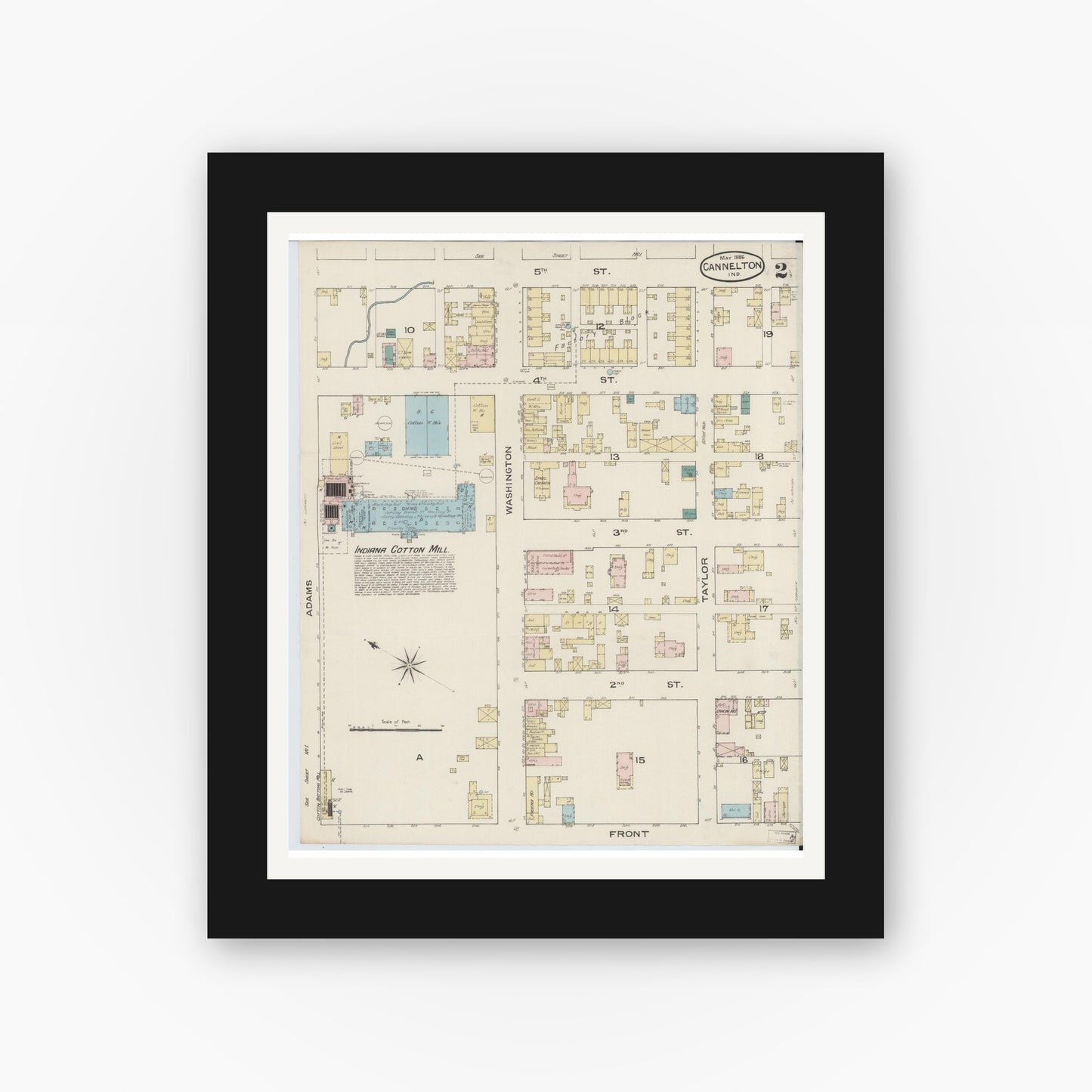 Old map wall art mockup — black gallery frame with white mat — Sanborn Fire Insurance Map from Cannelton, Perry County, Indiana (1886), Sheet #0002