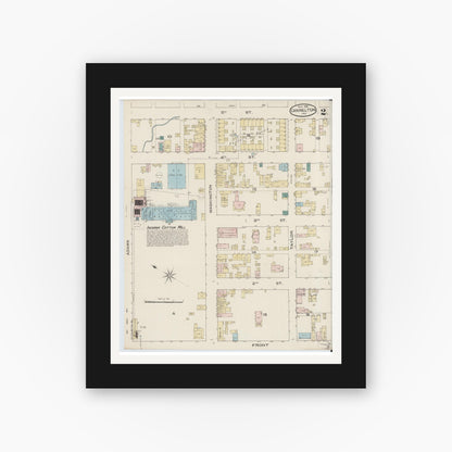 Old map wall art mockup — black gallery frame with white mat — Sanborn Fire Insurance Map from Cannelton, Perry County, Indiana (1886), Sheet #0002