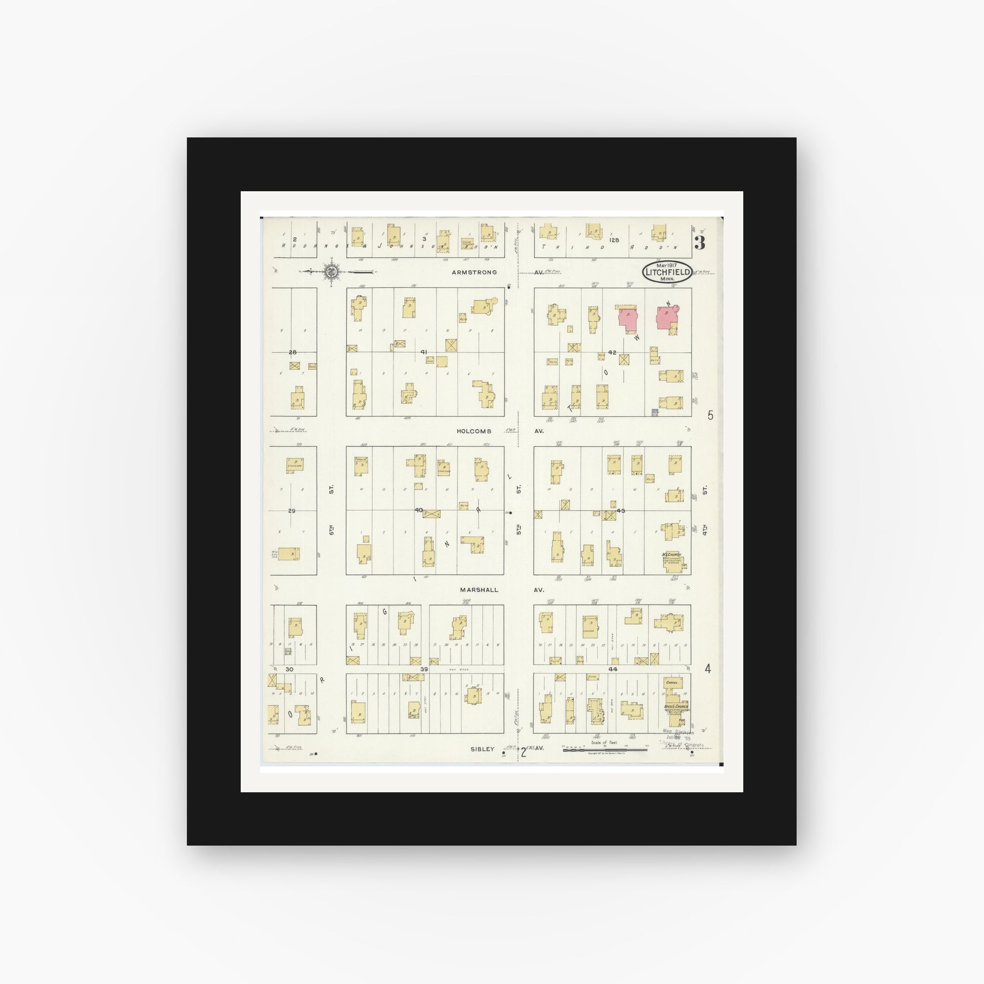 Old map wall art mockup — black gallery frame with white mat — Sanborn Fire Insurance Map from Litchfield, Meeker County, Minnesota (1917), Sheet #0003