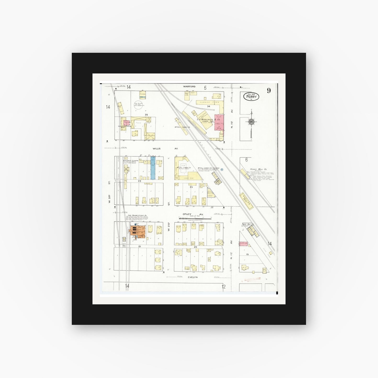 Old map wall art mockup — black gallery frame with white mat — Sanborn Fire Insurance Map from Perry, Dallas County, Iowa (1918), Sheet #0009