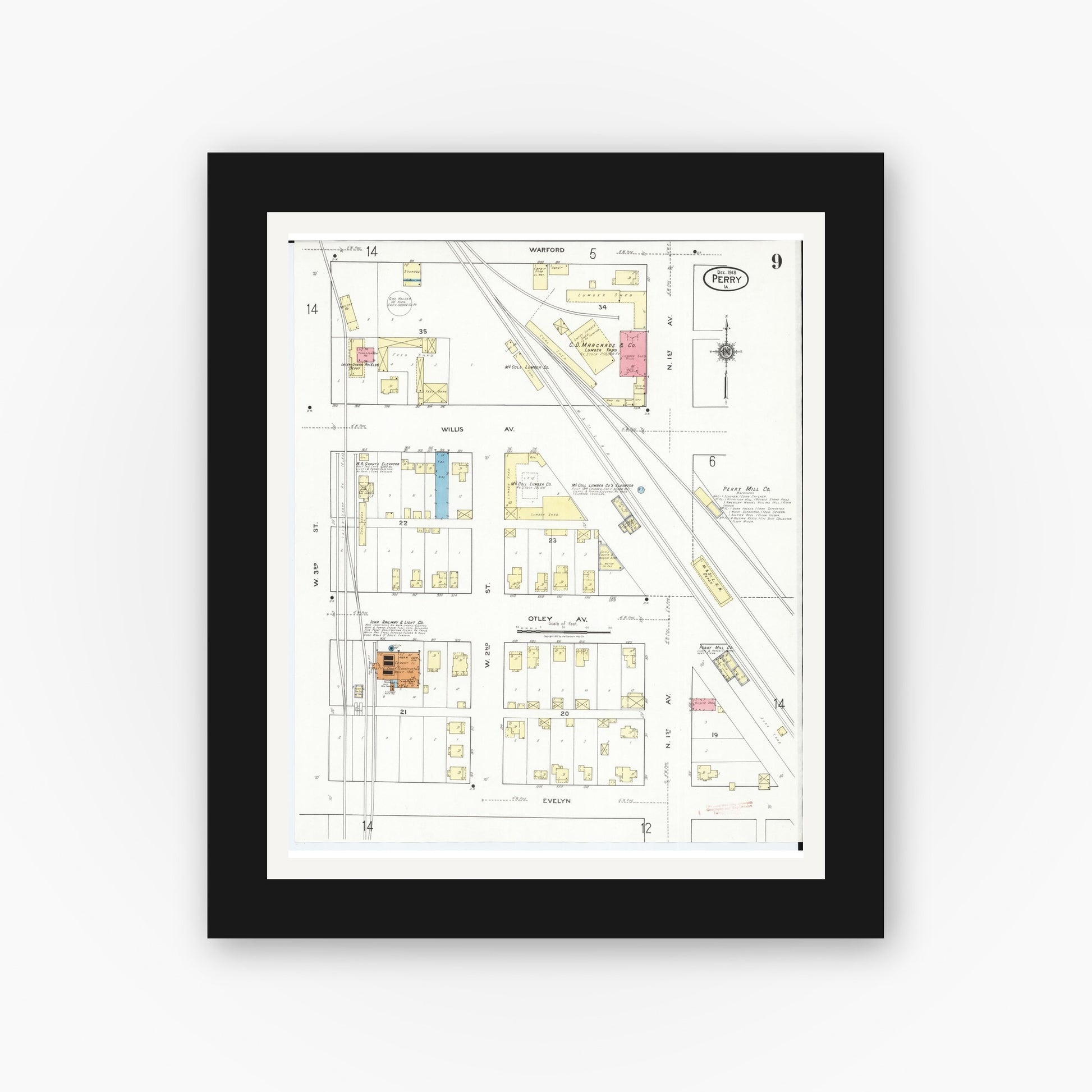 Old map wall art mockup — black gallery frame with white mat — Sanborn Fire Insurance Map from Perry, Dallas County, Iowa (1918), Sheet #0009