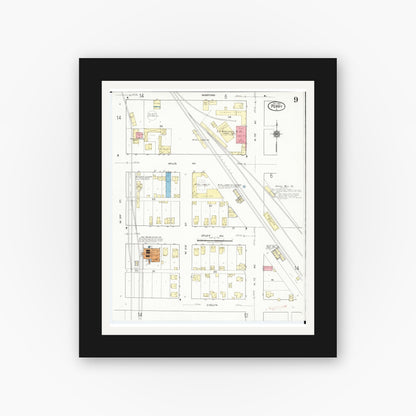 Old map wall art mockup — black gallery frame with white mat — Sanborn Fire Insurance Map from Perry, Dallas County, Iowa (1918), Sheet #0009