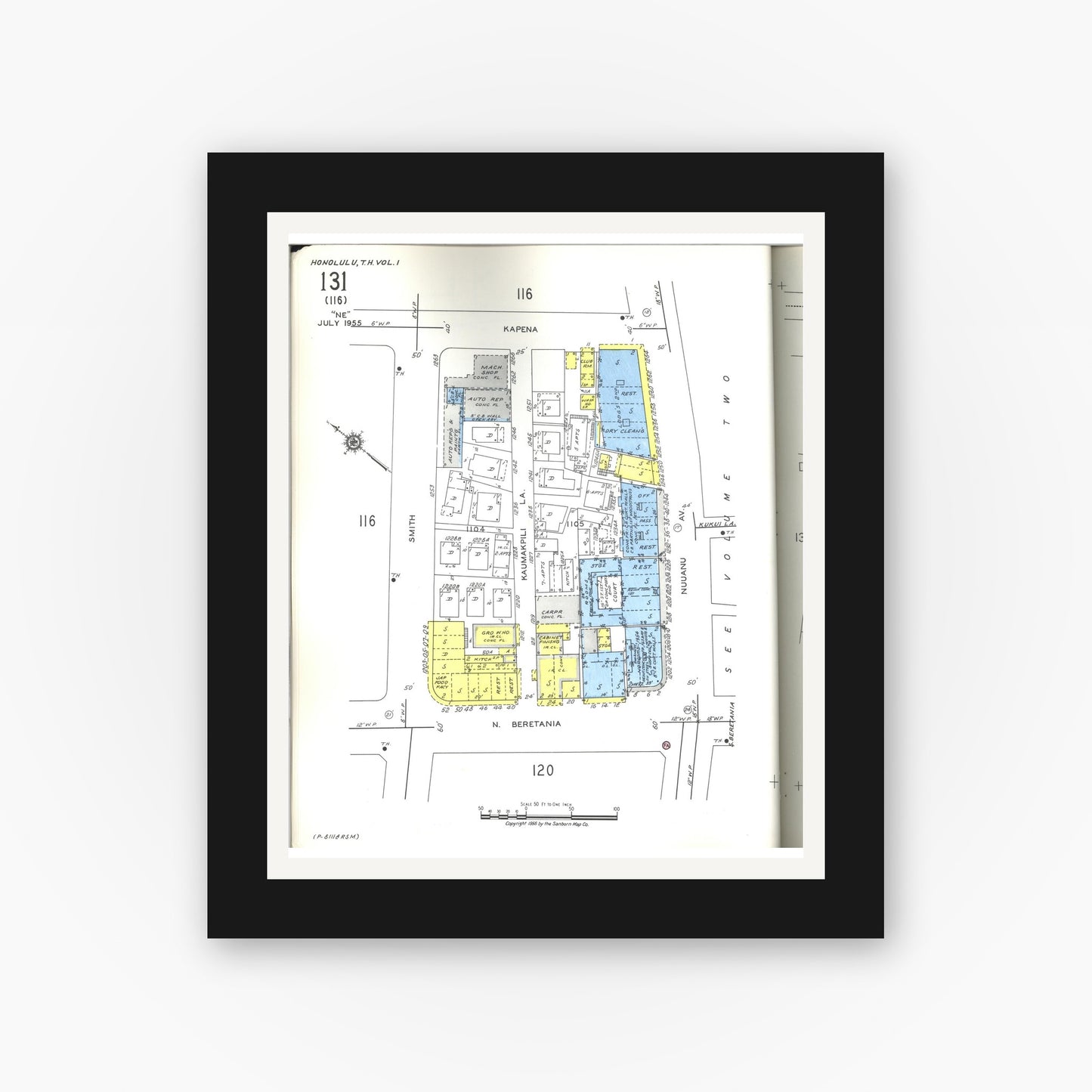 Old map wall art mockup — black gallery frame with white mat — Sanborn Fire Insurance Map from Honolulu, Oahu County, Hawaii (1955), Sheet #0131