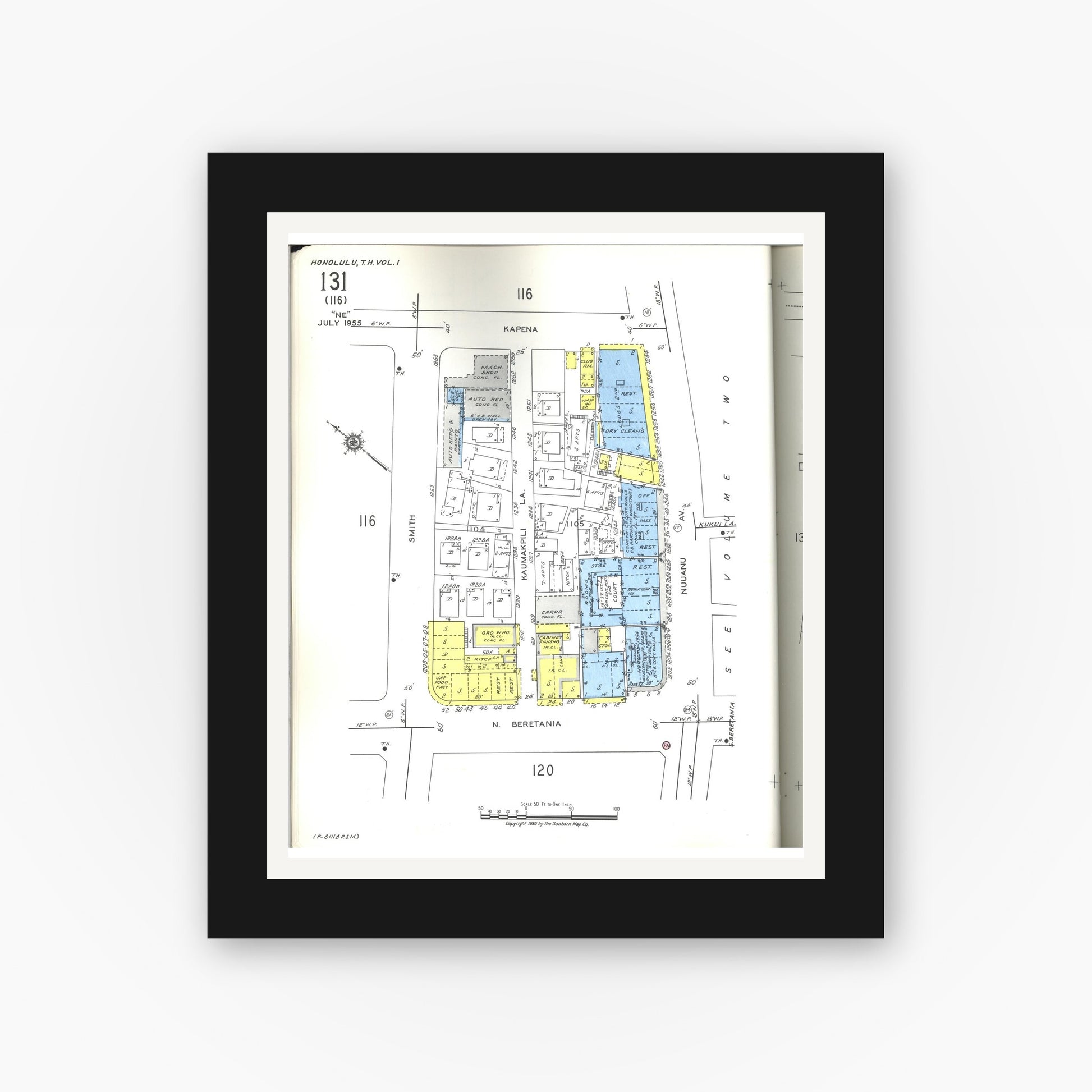 Old map wall art mockup — black gallery frame with white mat — Sanborn Fire Insurance Map from Honolulu, Oahu County, Hawaii (1955), Sheet #0131