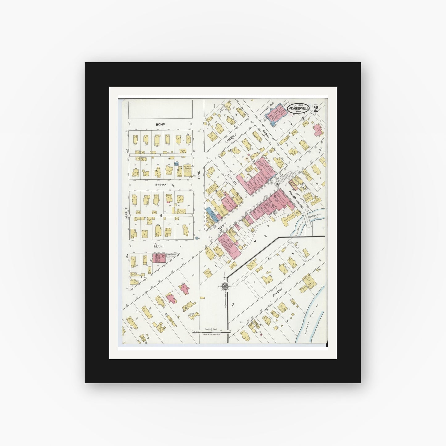Old map wall art mockup — black gallery frame with white mat — Sanborn Fire Insurance Map from Pemberville, Wood County, Ohio (1920), Sheet #0002