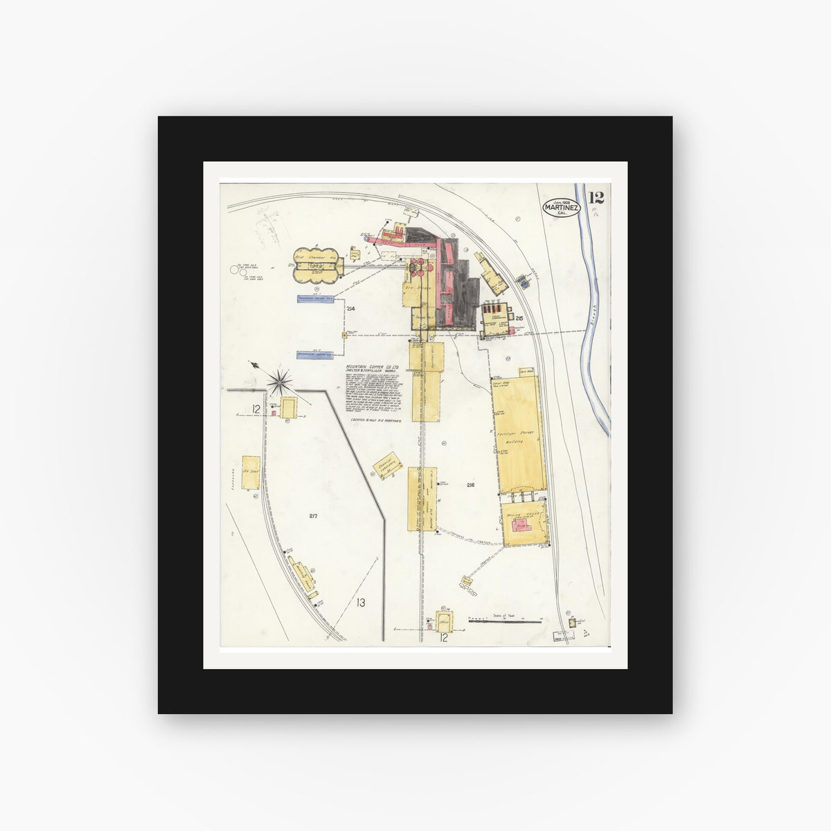 Old map wall art mockup — black gallery frame with white mat — Sanborn Fire Insurance Map from Martinez, Contra Costa County, California (1908), Sheet #0012