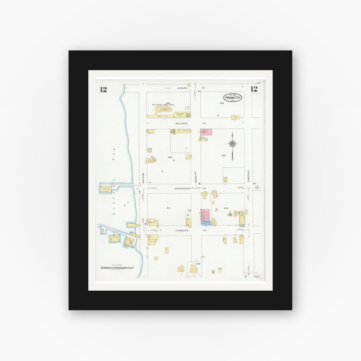 Old map wall art mockup — black gallery frame with white mat — Sanborn Fire Insurance Map from Panama City, Bay County, Florida (1927), Sheet #0012