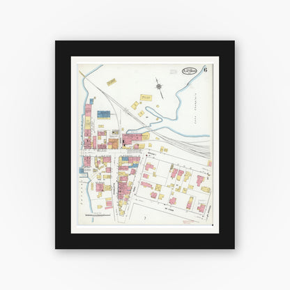 Old map wall art mockup — black gallery frame with white mat — Sanborn Fire Insurance Map from Plattsburg, Clinton County, New York (1918), Sheet #0006