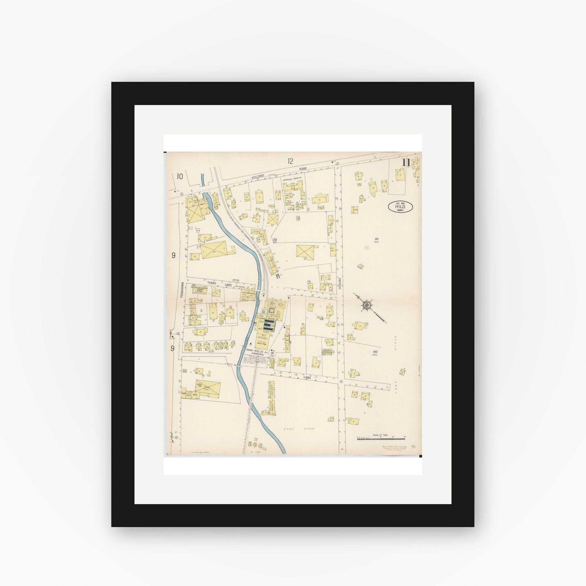 Old map wall art mockup — black gallery frame with white mat — Sanborn Fire Insurance Map from Hilo, Hawaii County, Hawaii (1914), Sheet #0011