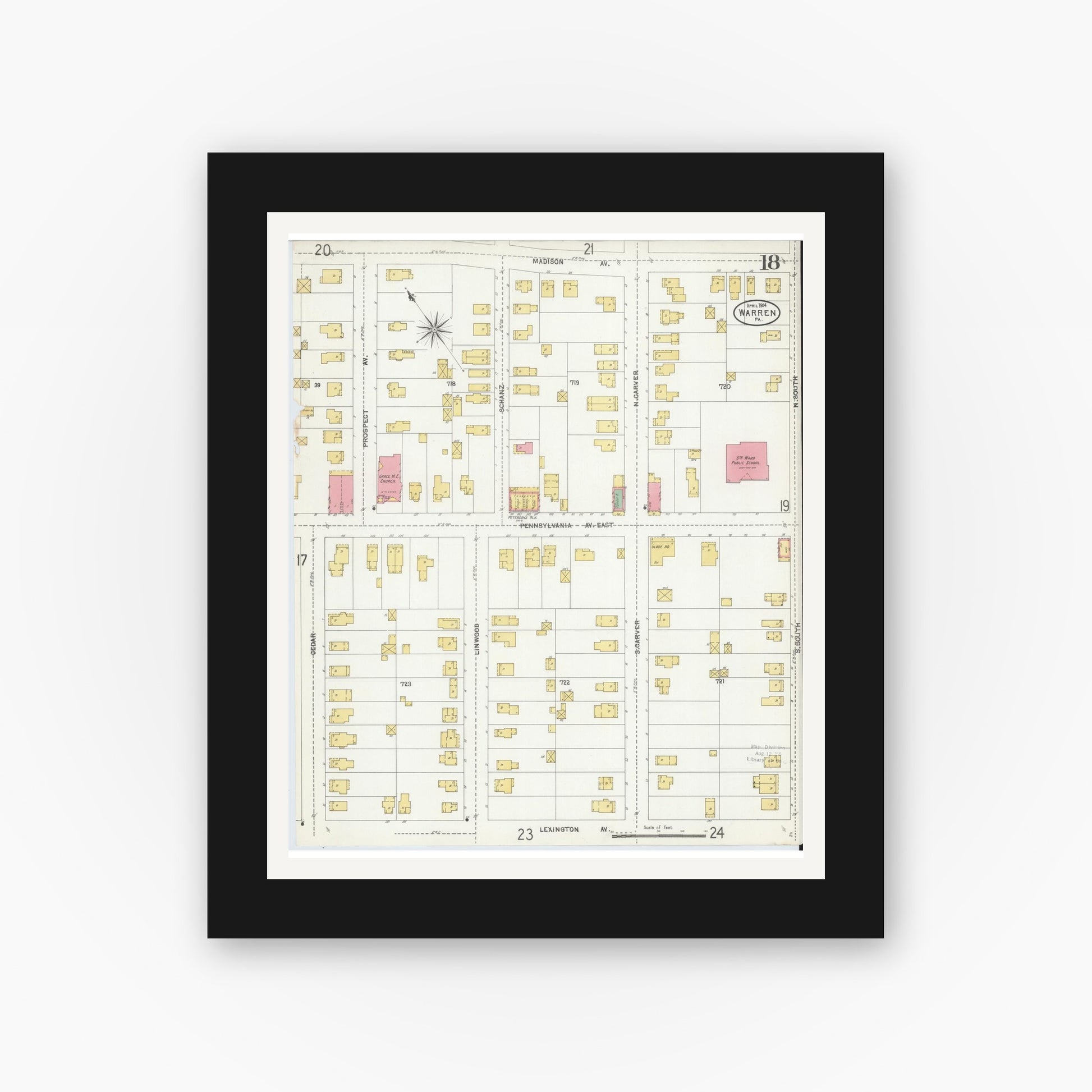 Old map wall art mockup — black gallery frame with white mat — Sanborn Fire Insurance Map from Warren, Warren County, Pennsylvania (1904), Sheet #0018