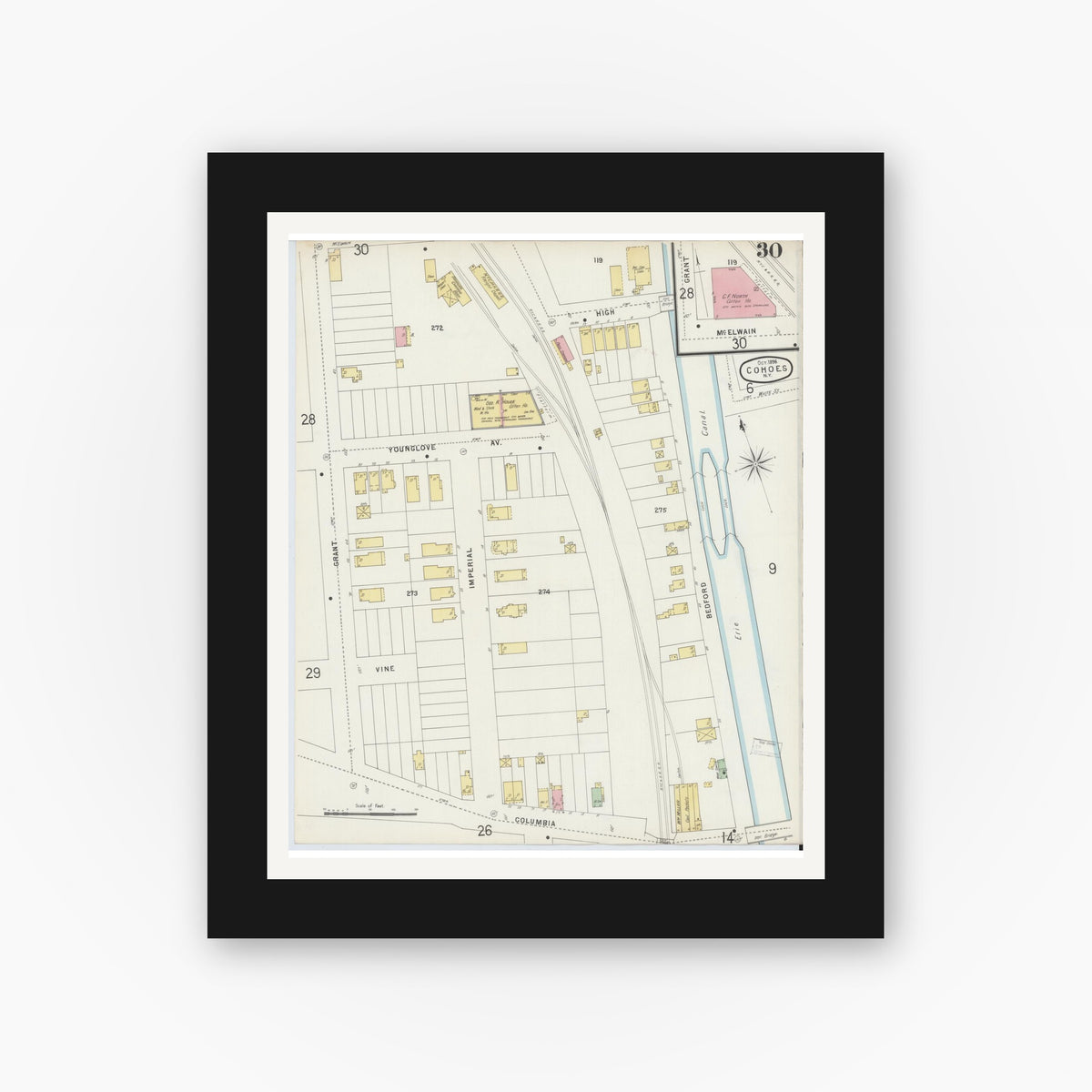 Old map wall art mockup — black gallery frame with white mat — Sanborn Fire Insurance Map from Cohoes, Albany County, New York (1896), Sheet #0030