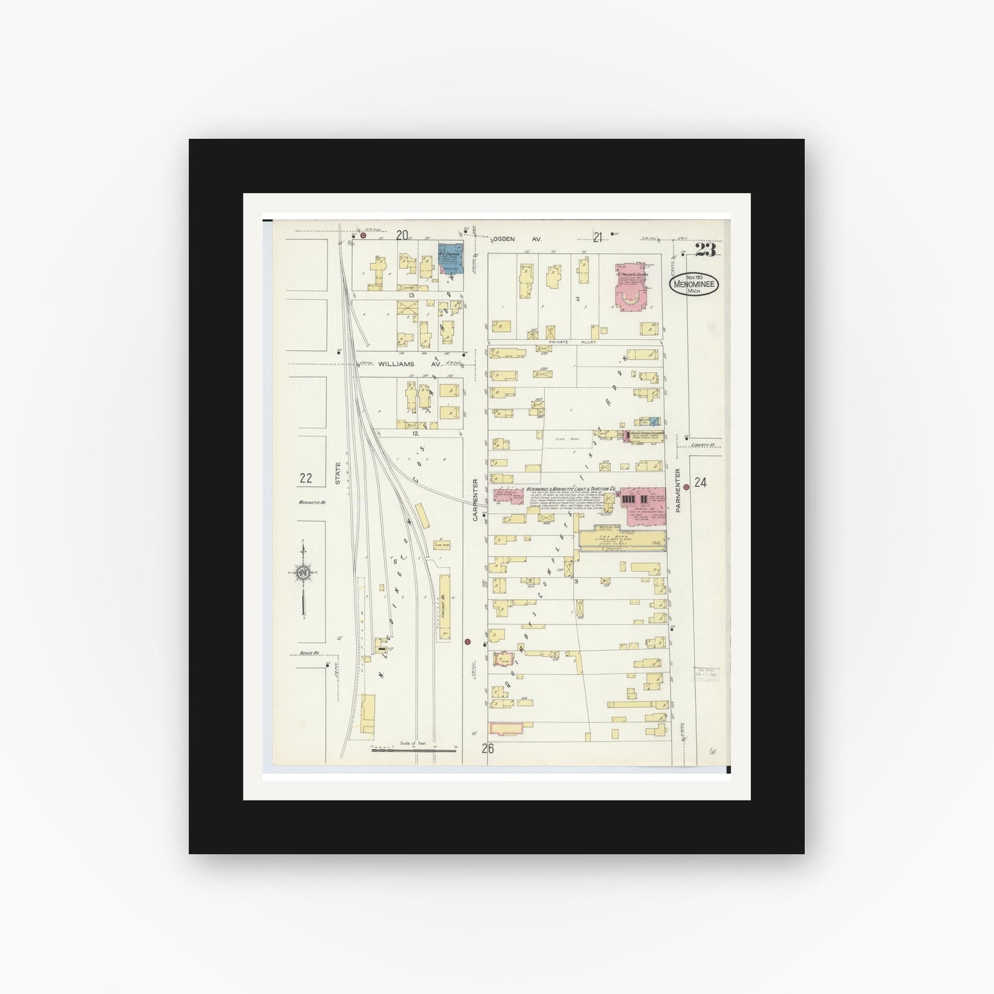 Old map wall art mockup — black gallery frame with white mat — Sanborn Fire Insurance Map from Menominee, Menominee County, Michigan (1913), Sheet #0023