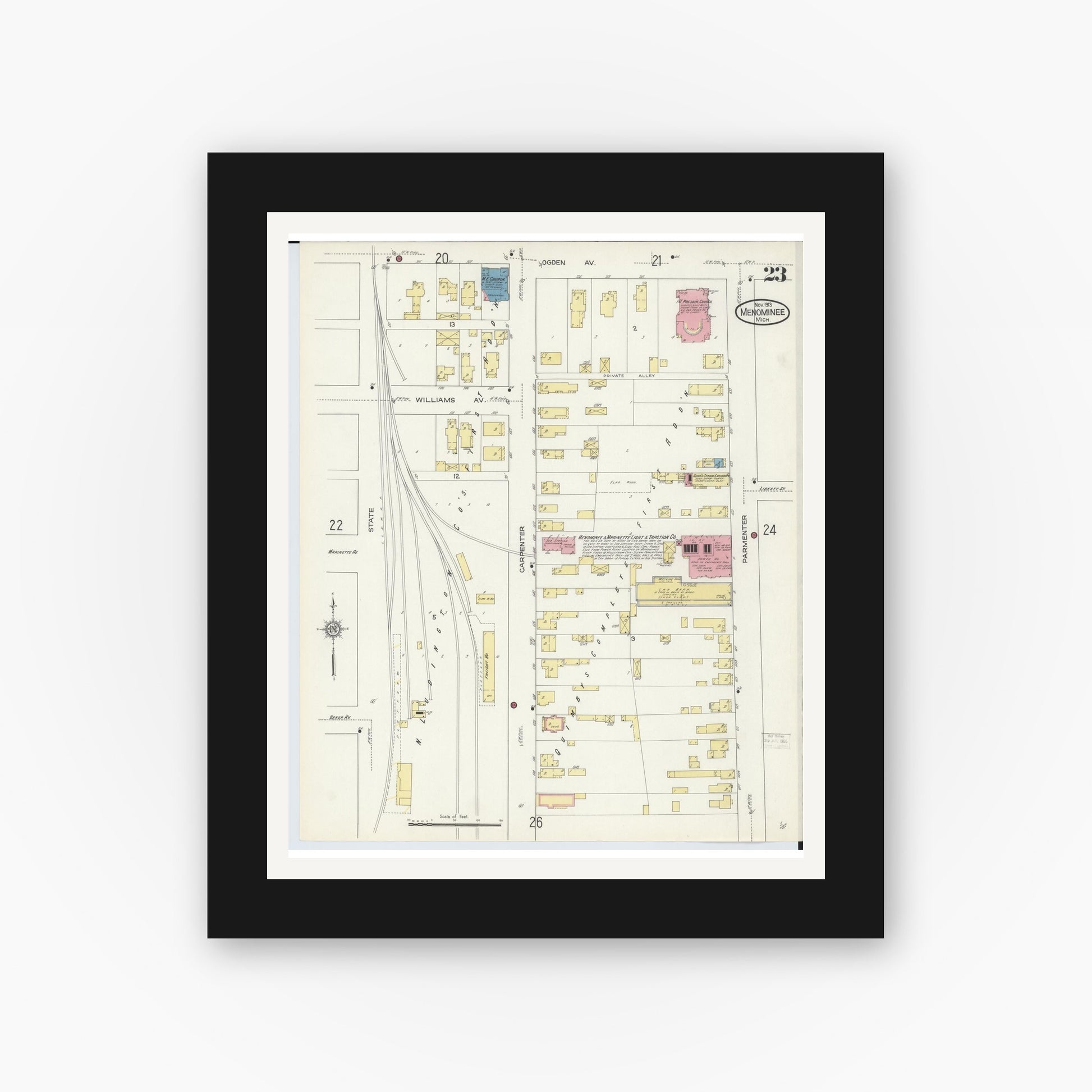 Old map wall art mockup — black gallery frame with white mat — Sanborn Fire Insurance Map from Menominee, Menominee County, Michigan (1913), Sheet #0023