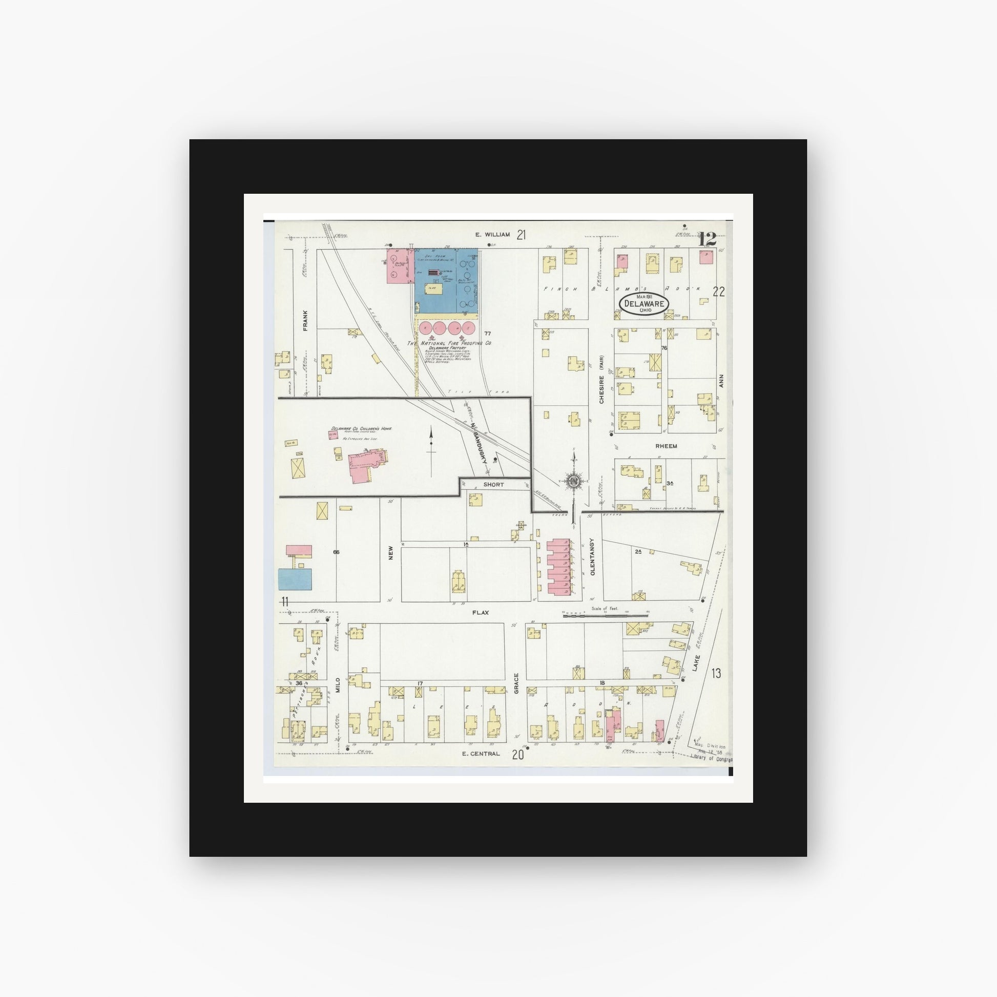 Old map wall art mockup — black gallery frame with white mat — Sanborn Fire Insurance Map from Delaware, Delaware County, Ohio (1911), Sheet #0012