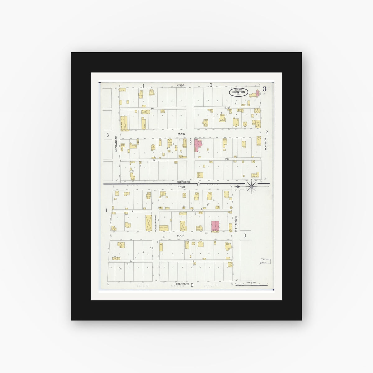 Old map wall art mockup — black gallery frame with white mat — Sanborn Fire Insurance Map from Ironton, Iron County, Missouri (1900), Sheet #0003