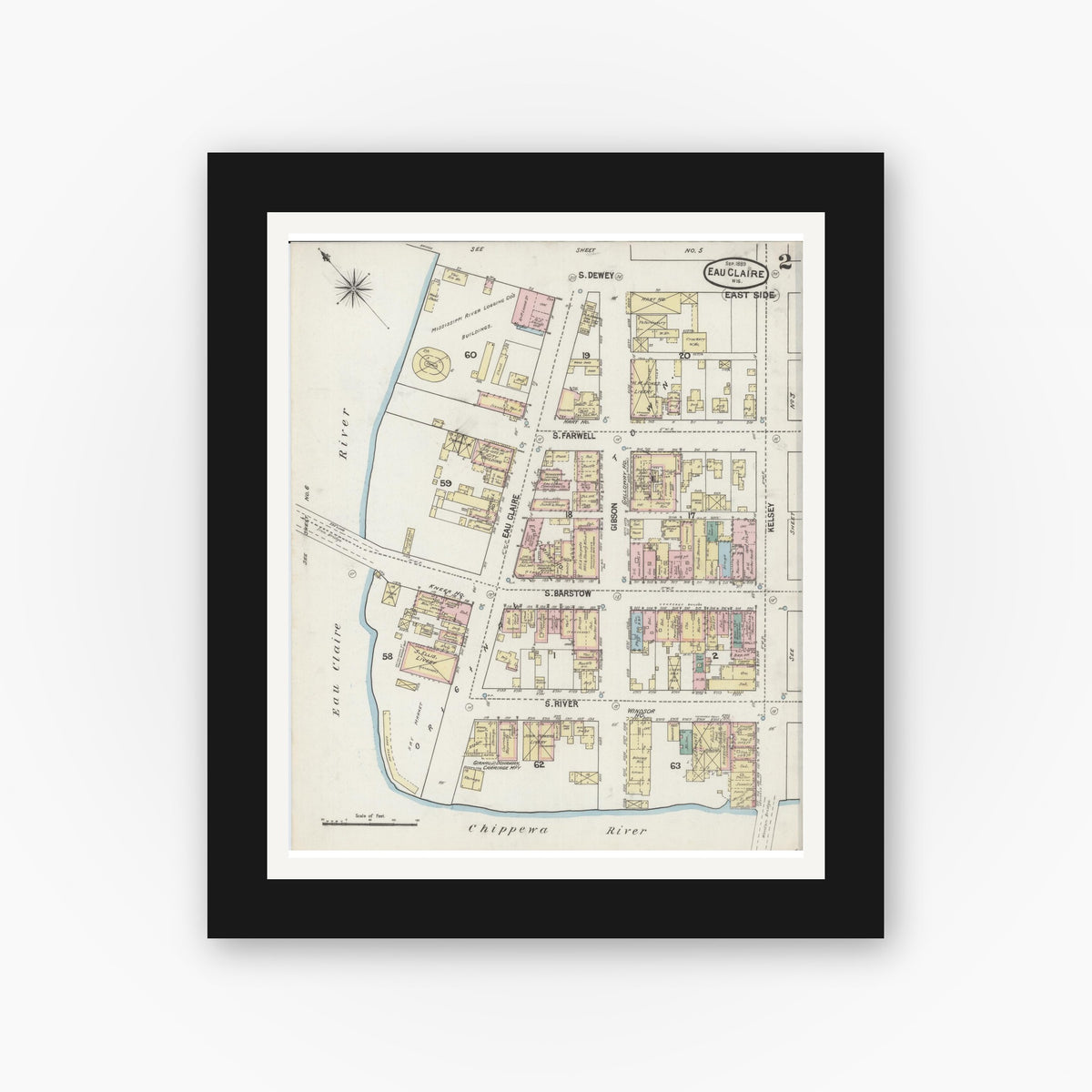 Old map wall art mockup — black gallery frame with white mat — Sanborn Fire Insurance Map from Eau Claire, Eau Claire County, Wisconsin (1889), Sheet #0002
