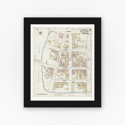 Old map wall art mockup — black gallery frame with white mat — Sanborn Fire Insurance Map from Eau Claire, Eau Claire County, Wisconsin (1889), Sheet #0002