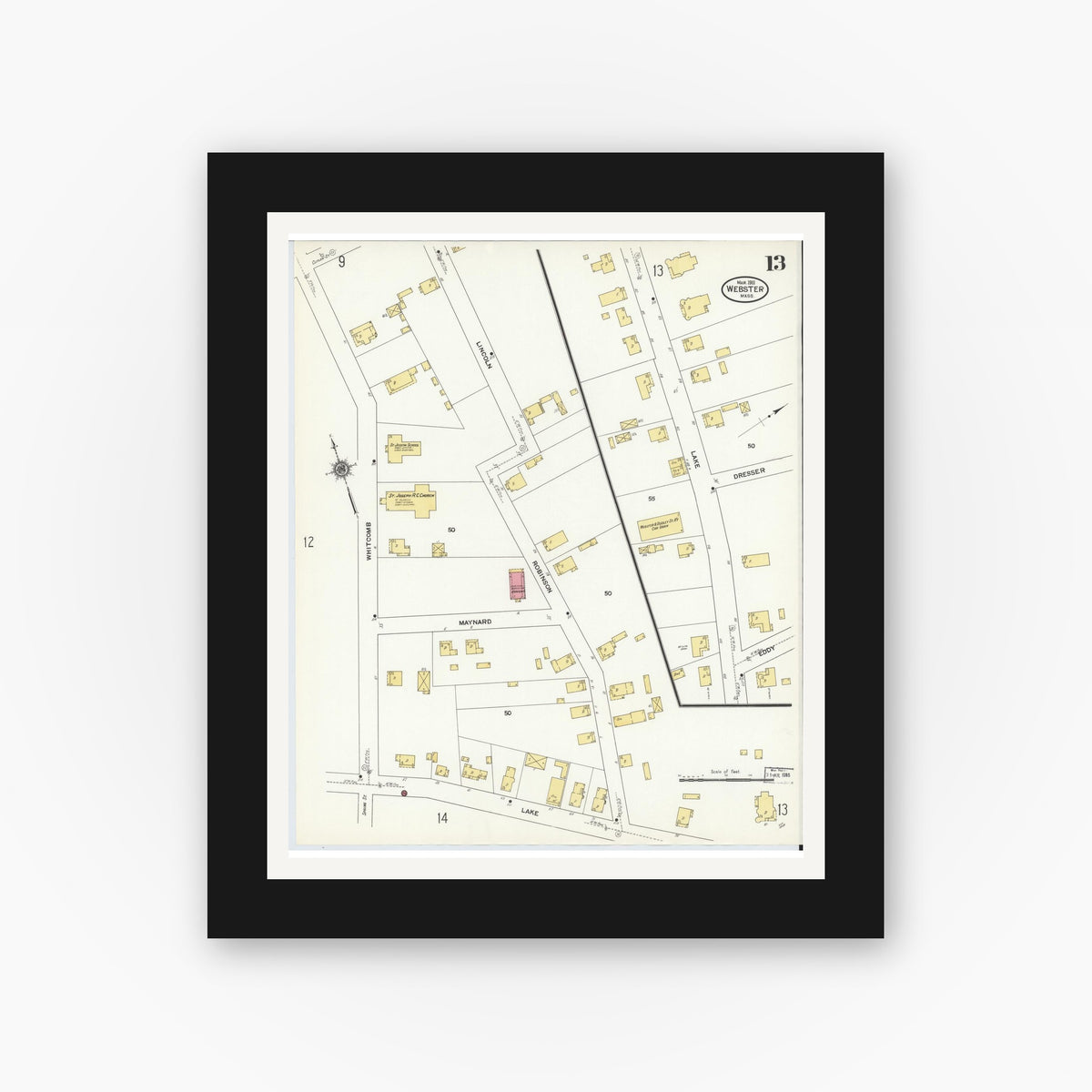 Old map wall art mockup — black gallery frame with white mat — Sanborn Fire Insurance Map from Webster, Worcester County, Massachusetts (1911), Sheet #0013