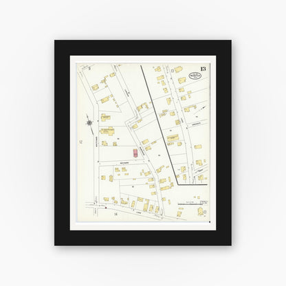 Old map wall art mockup — black gallery frame with white mat — Sanborn Fire Insurance Map from Webster, Worcester County, Massachusetts (1911), Sheet #0013