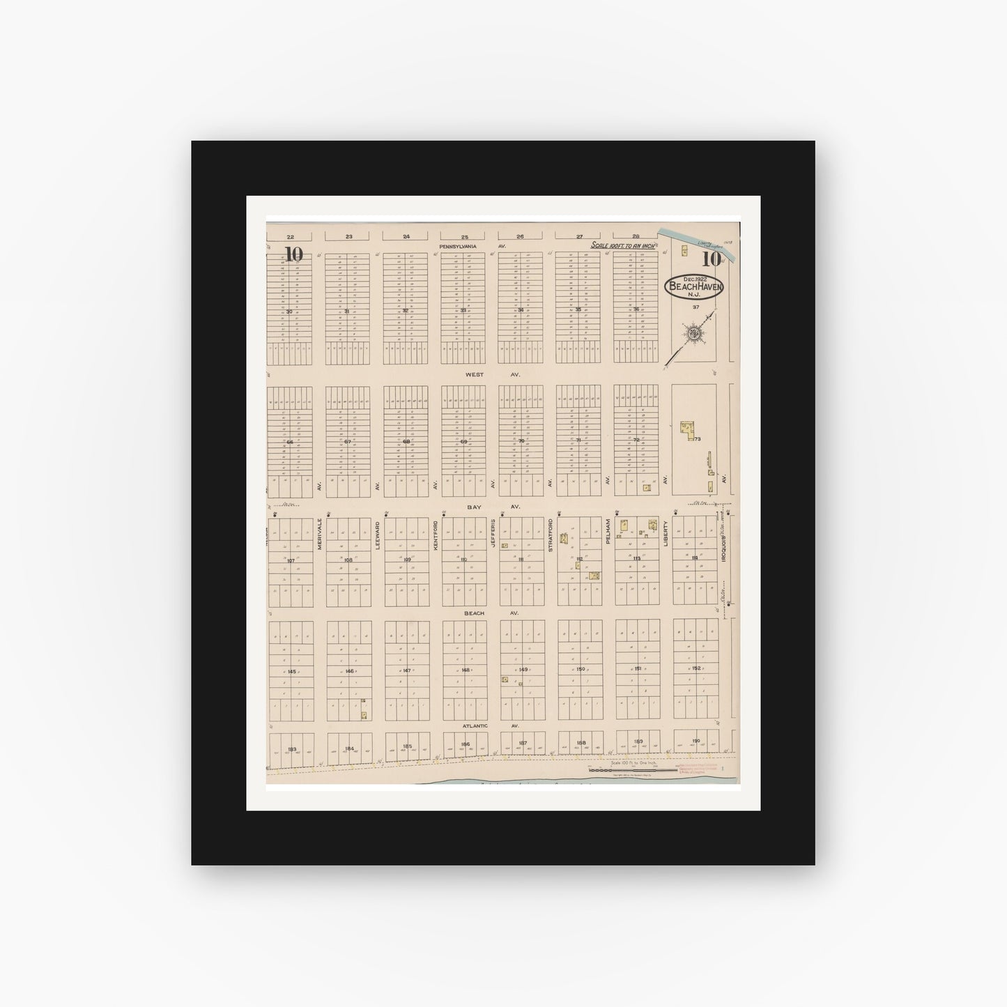 Old map wall art mockup — black gallery frame with white mat — Sanborn Fire Insurance Map from Beach Haven, Ocean County, New Jersey (1922), Sheet #0010