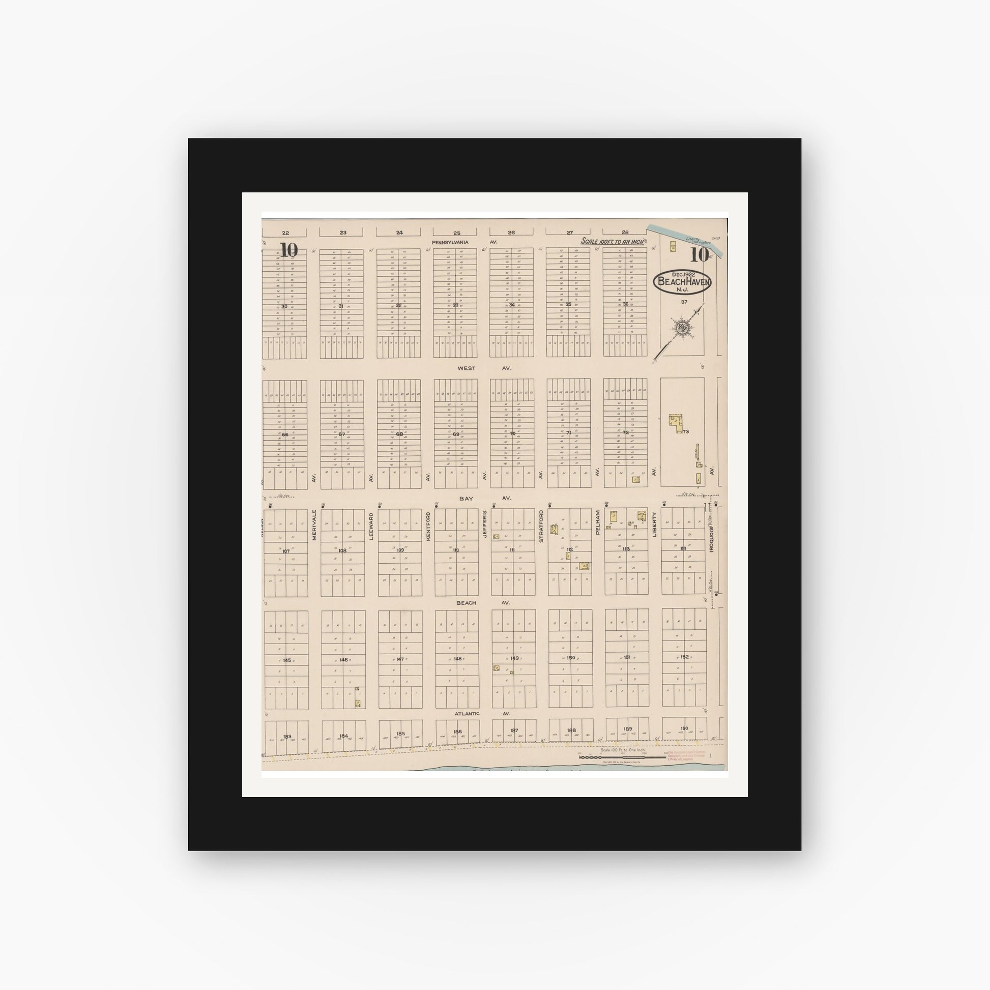 Old map wall art mockup — black gallery frame with white mat — Sanborn Fire Insurance Map from Beach Haven, Ocean County, New Jersey (1922), Sheet #0010