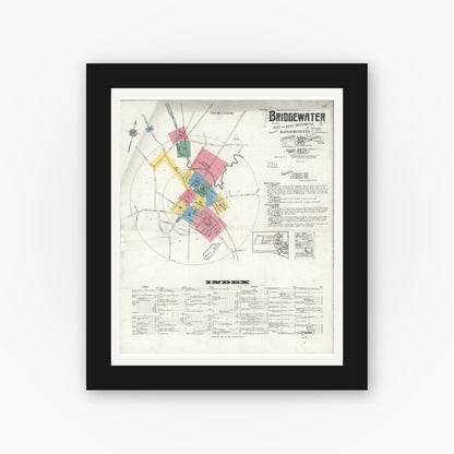 Old map wall art mockup — black gallery frame with white mat — Sanborn Fire Insurance Map from Bridgewater, Plymouth County, Massachusetts (1921), Sheet #0001