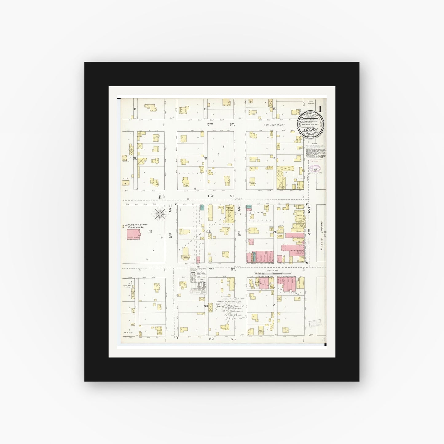 Old map wall art mockup — black gallery frame with white mat — Sanborn Fire Insurance Map from Logan, Harrison County, Iowa (1893) â€” Complete Set