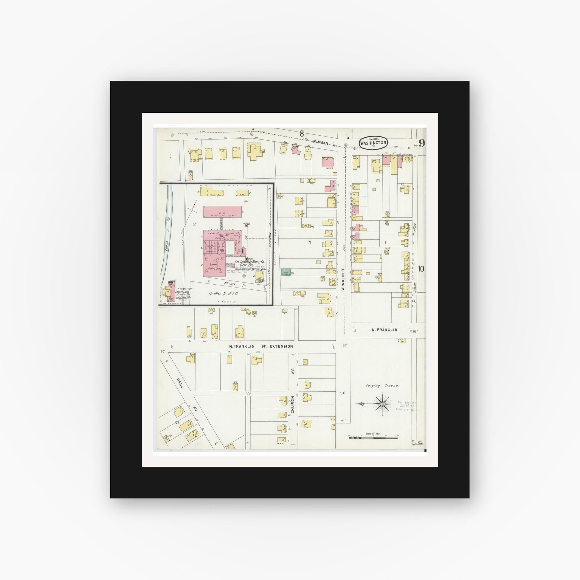 Old map wall art mockup — black gallery frame with white mat — Sanborn Fire Insurance Map from Washington, Washington County, Pennsylvania (1896), Sheet #0009