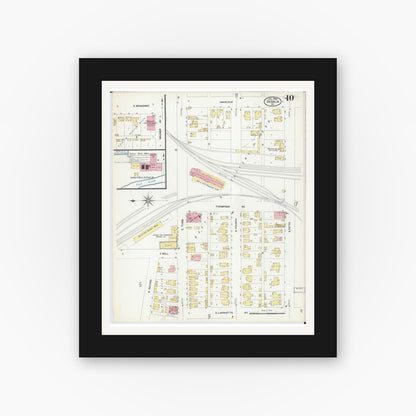 Old map wall art mockup — black gallery frame with white mat — Sanborn Fire Insurance Map from Sedalia, Pettis County, Missouri (1908), Sheet #0010