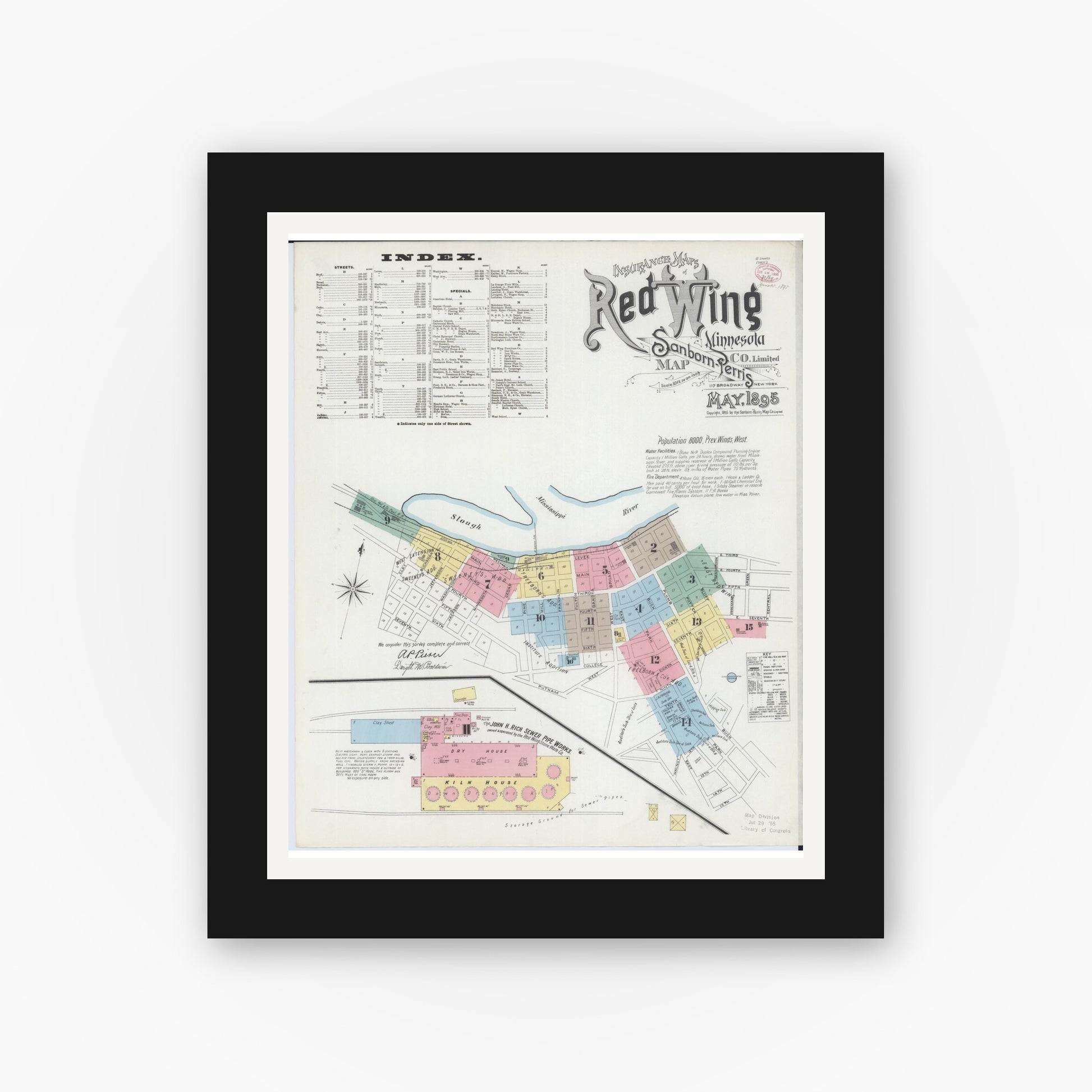 Old map wall art mockup — black gallery frame with white mat — Sanborn Fire Insurance Map from Red Wing, Goodhue County, Minnesota (1895) - Complete Map Set