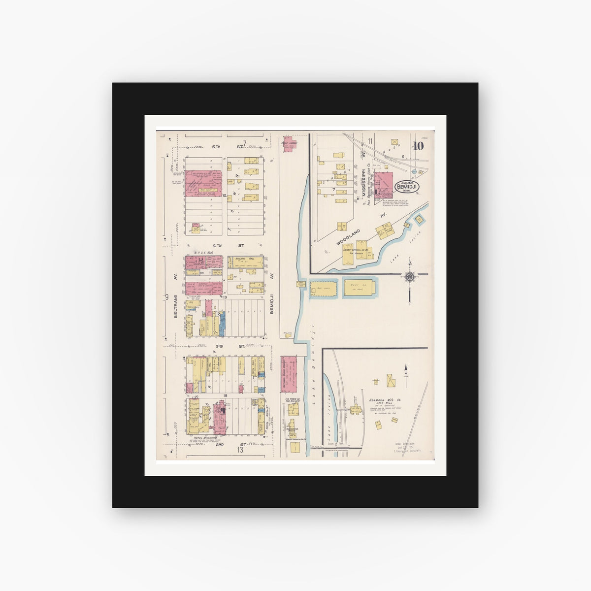 Old map wall art mockup — black gallery frame with white mat — Sanborn Fire Insurance Map from Bemidji, Beltrami County, Minnesota (1922), Sheet #0010