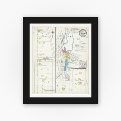 Old map wall art mockup — black gallery frame with white mat — Sanborn Fire Insurance Map from Necedah, Juneau County, Wisconsin (1916), Sheet #0001