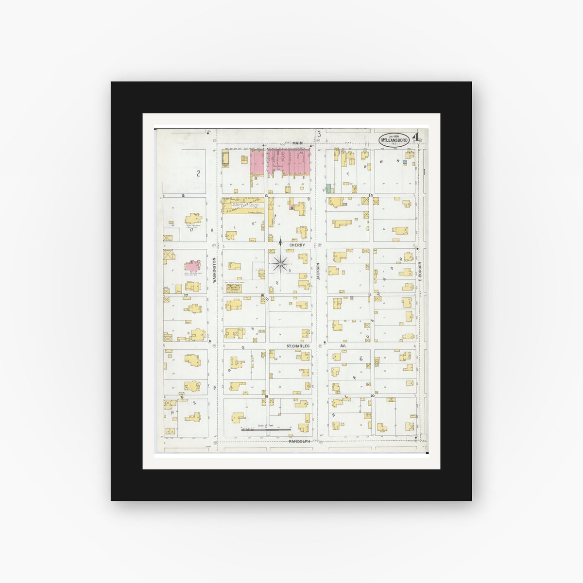 Old map wall art mockup — black gallery frame with white mat — Sanborn Fire Insurance Map from Mcleansboro, Hamilton County, Illinois (1900), Sheet #0004