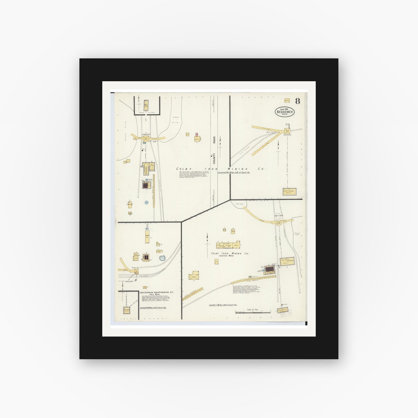 Old map wall art mockup — black gallery frame with white mat — Sanborn Fire Insurance Map from Bessemer, Gogebic County, Michigan (1908), Sheet #0008